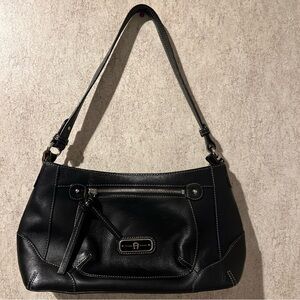 Vintage Aigner Chic Black Leather Shoulder Bag Purse Silver Hardware
